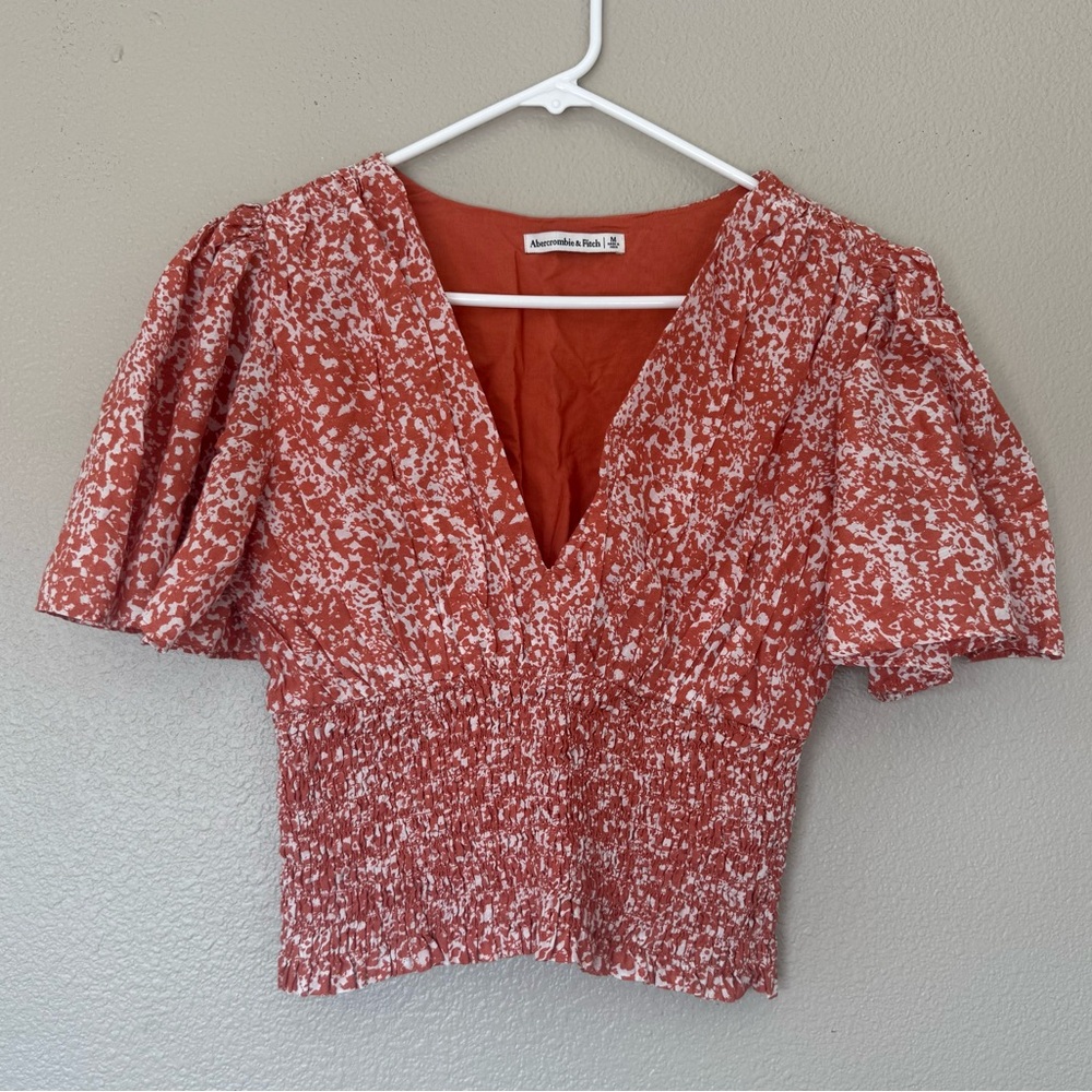 Abercrombie & Fitch Flutter Sleeve Smocked Waist Deep-V Top